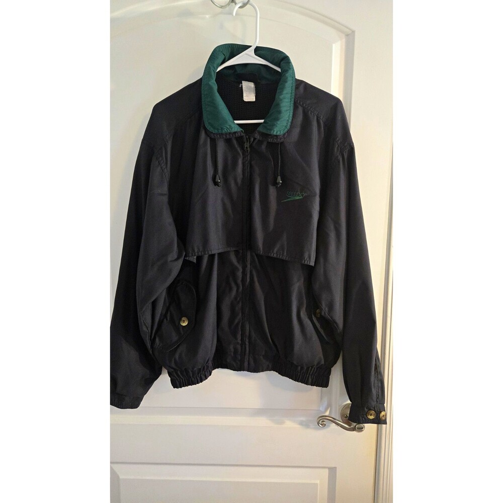 Speedo vintage Men's L Navy Green Windbreaker Jacket Full Zip Pockets Stand-Up